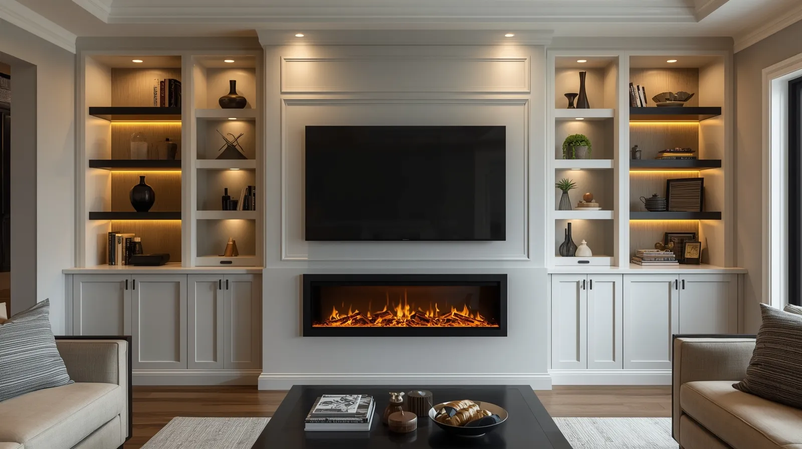built in TV wall unit with fireplace